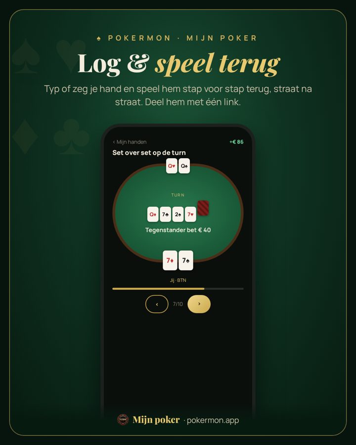 Log & speel terug — scherm van Mijn poker