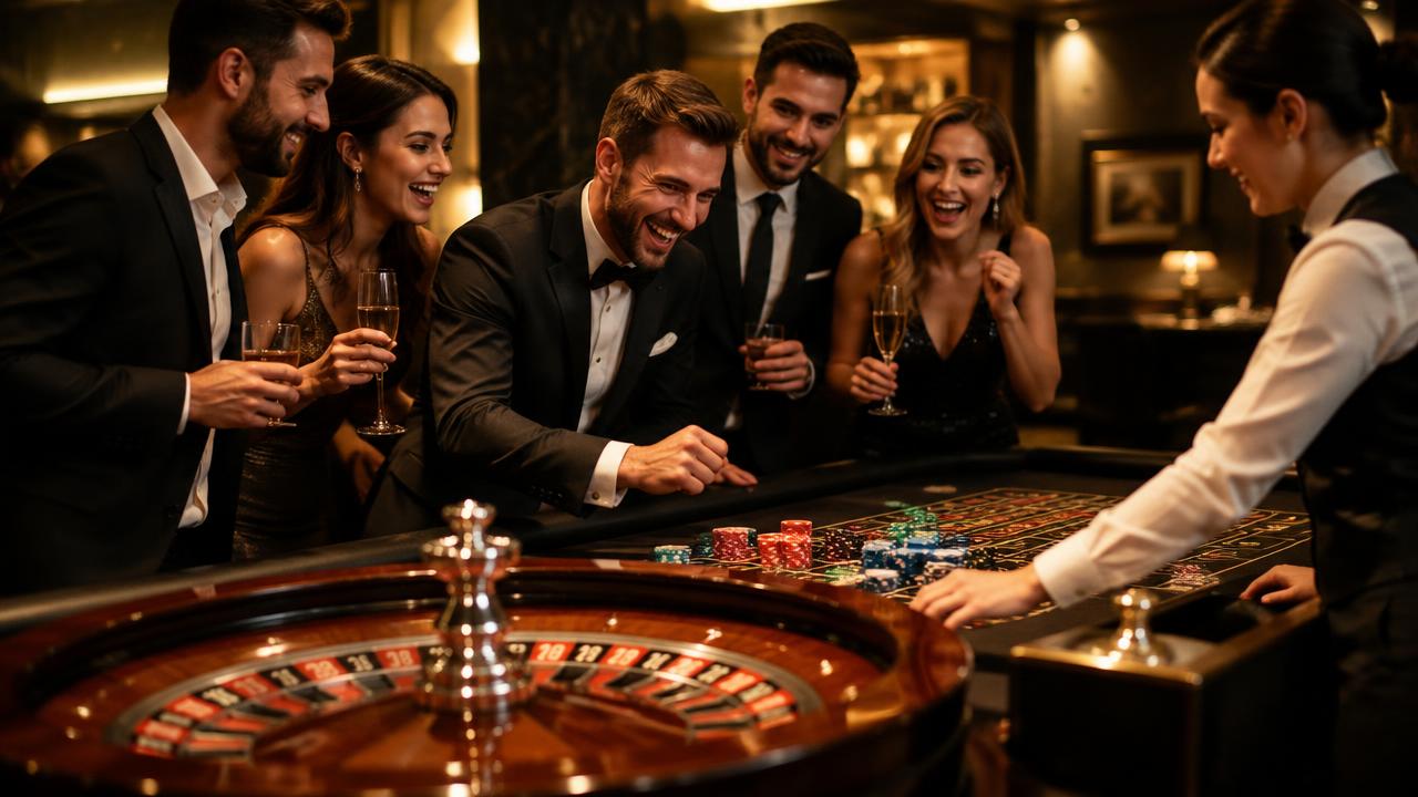 Vrijgezellenfeest met vrienden aan de roulettetafel en een croupier