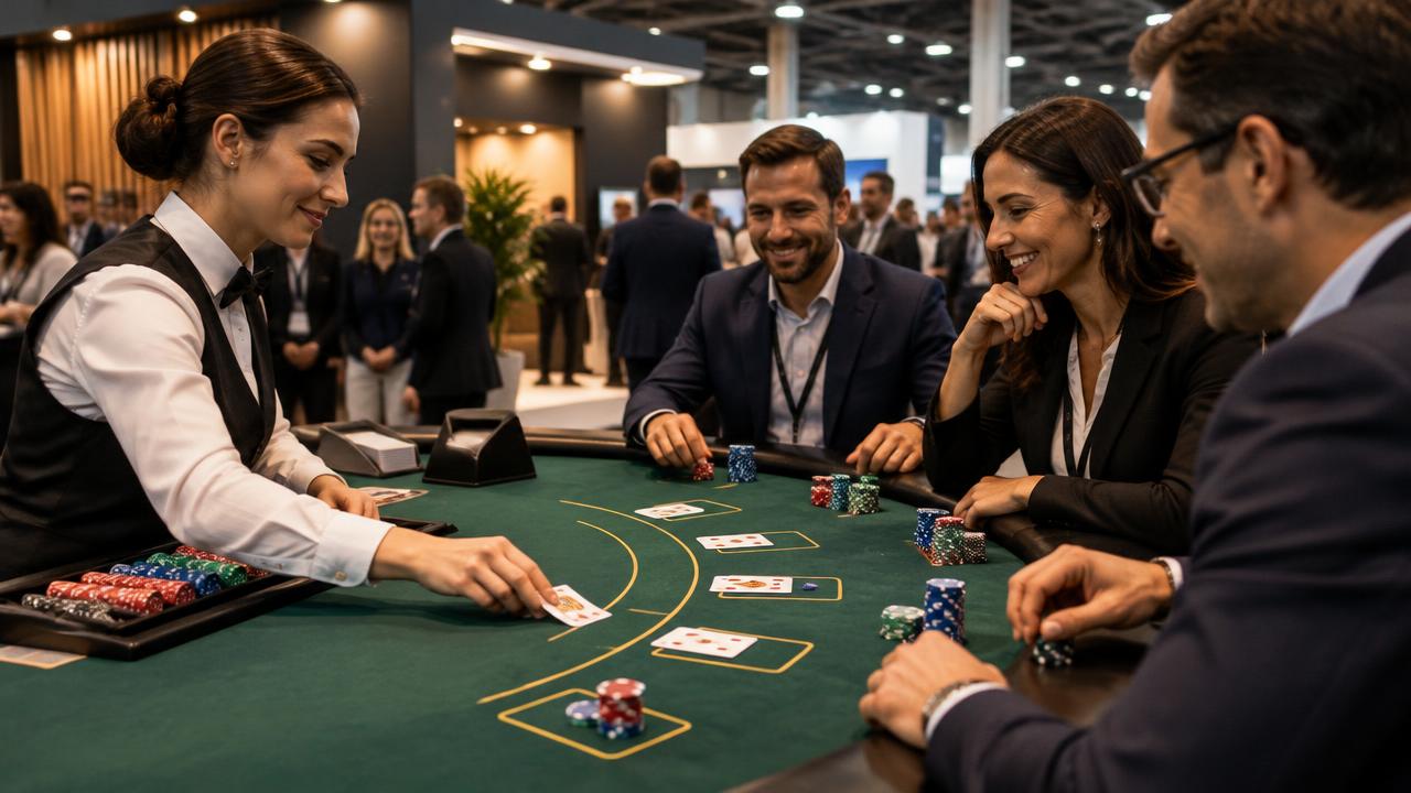Blackjacktafel met croupier op een beursstand die bezoekers trekt