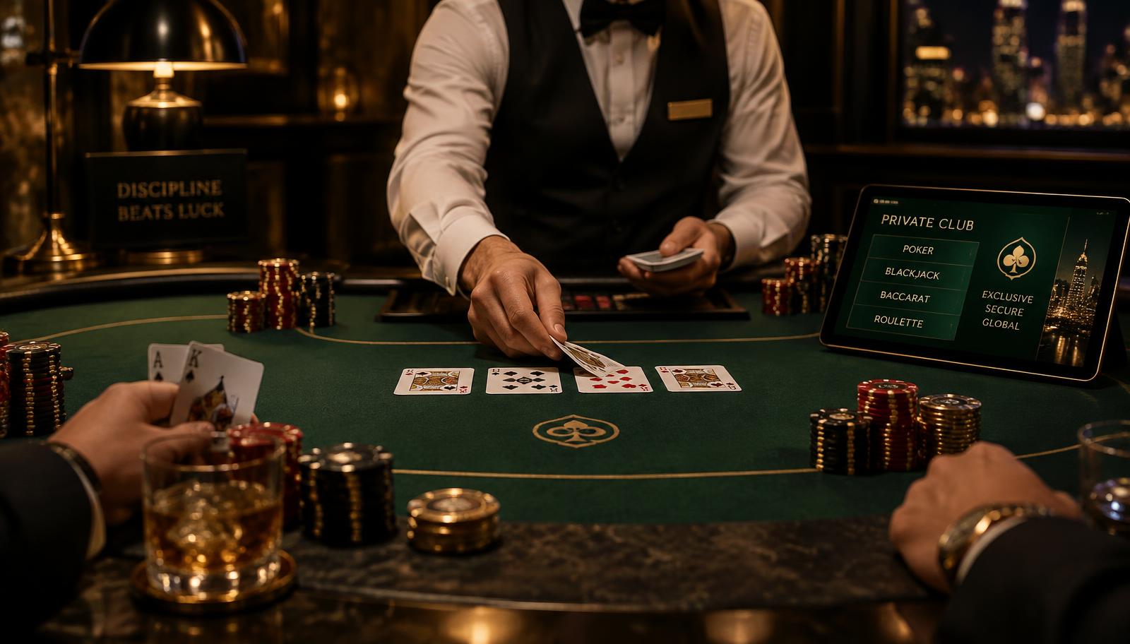 Croupier deelt aan een pokertafel met de Pokermon-app ernaast